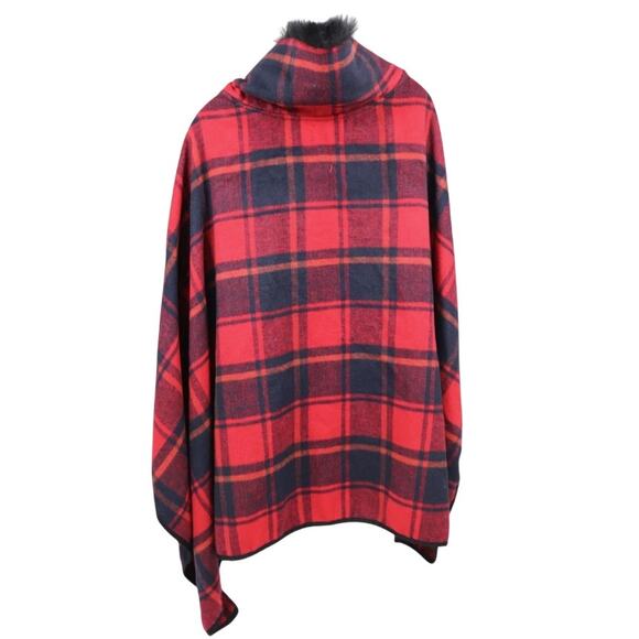 Jones New York Red Plaid Faux Fur Cape Coat One Size Cozy Winter Layer - Picture 2 of 6